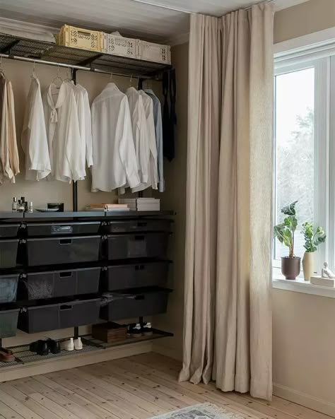 Walk In Closet With Curtains, Additional Closet Space Ideas, Walk In Closet Curtain Ideas, Closet Covered By Curtain, Curtain Wardrobe Ideas, Open Closet Curtain Ideas, Curtains As Closet Doors, Rental Friendly Closet Makeover, Room Without Closet Ideas