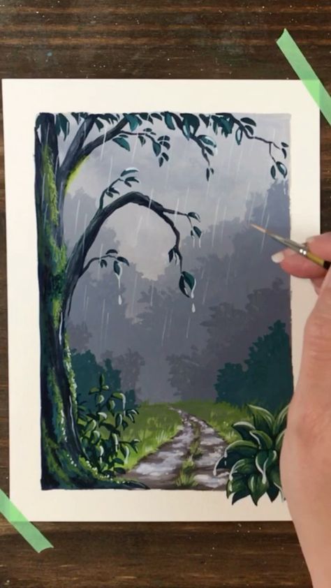 Rain Drawing Sketches Rainy Days, Draw Rainy Day, Rain Aesthetic Painting, Raining Landscape Painting, Rain Painting Gouache, Rainy Day Painting Easy, Rain Painting Aesthetic, Rainy Painting Watercolors, Rainy Day Watercolor Painting Easy