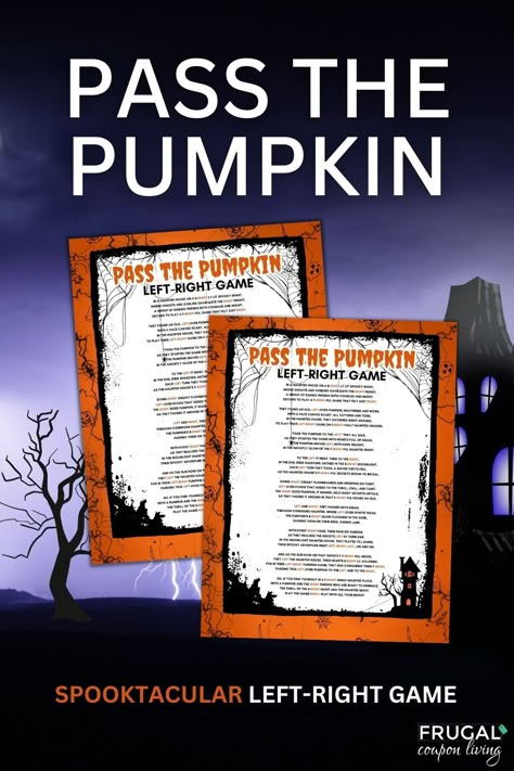 Printable Haunted House Pass the Pumpkin Game - Rhyming Story for Older AudiencesGrab this spooky and entertaining printable "Pass the Pumpkin" game designed for older audiences who love a thrilling twist to the classic left-right game! Perfect for Halloween parties, family gatherings, or just a spooky night in with friends. This unique printable game will have everyone on the edge of their seats as they pass the pumpkin (or gift that is wrapped in a pumpkin shape) and follow along with a haunti