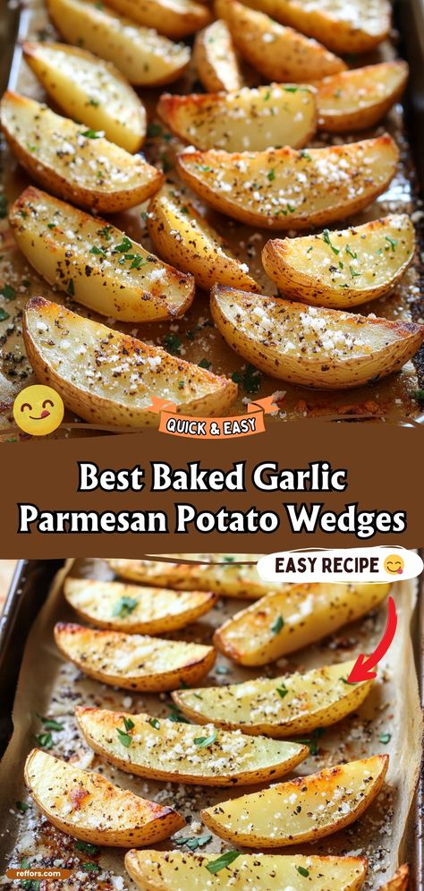 Enjoy the irresistible crunch of the Best Baked Garlic Parmesan Potato Wedges. These wedges are seasoned to perfection, combining the bold flavors of garlic and Parmesan for a side dish that's hard to resist. Ideal for dipping or as a standalone snack. #PotatoWedges #GarlicParmesan #SnackTime Wedge Potatoes, Baked Garlic Parmesan Potato Wedges, Garlic Parmesan Potato Wedges, Garlic Potato Wedges, Baked Potato Wedges, Parmesan Potato Wedges, Crispy Potato Wedges, Parmesan Potato, Garlic Parmesan Potatoes