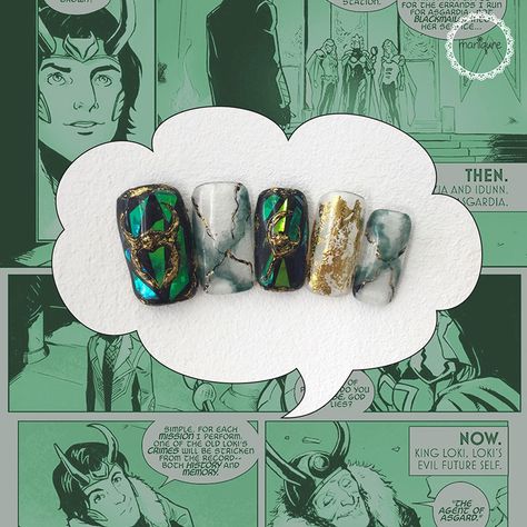 Avenger Nails, Comics Nails, Marvel Nail Art, Bookish Nails, Loki Nails, Avengers Nails, Superhero Dress Up, Marvel Nails, Thor Movie