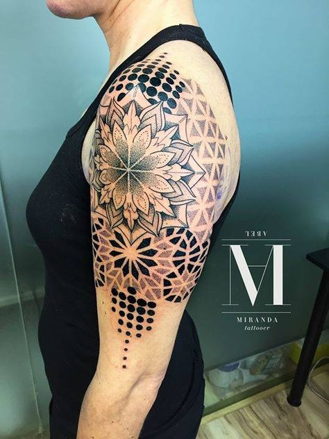 Poly Tattoo, Geometric Tattoo Shoulder, Geometric Shape Tattoo, Geometric Tattoo Meaning, Mandala Tattoo Shoulder, Half Mandala Tattoo, Tattoo Half Sleeve, Mandala Tattoo Sleeve, Geometric Mandala Tattoo