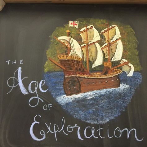 The Age of Exploration | Waldorf 7th Grade http://www.awaldorfjourney.com/2016/06/the-age-of-exploration-waldorf-7th-grade/?utm_campaign=coschedule&utm_source=pinterest&utm_medium=Meredith&utm_content=The%20Age%20of%20Exploration%20%7C%20Waldorf%207th%20Grade Waldorf Teacher, Age Of Exploration, Exploration Art, Waldorf Curriculum, Waldorf Teaching, Welcome To Class, Age Of Discovery, Chalkboard Drawings, Chalkboard Lettering