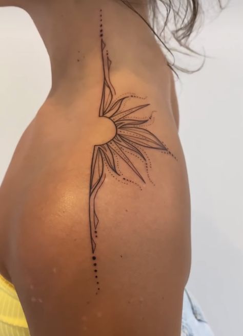 Rib Sun Tattoo, Sun Band Tattoo, Sun Tattoo On Hip, Sun Hip Tattoo, Rib Tattoos For Women, Hip Tattoos Women, Leg Tattoos Women, Sun Tattoo, Band Tattoo