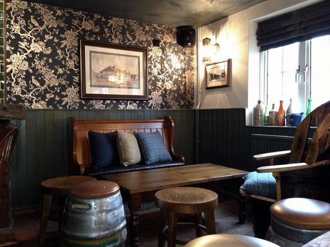 Quirky English Pub Interior. Firkin Barrel Stools. #pub English Pub Interior, English Pub Decor, Pub Interior Ideas, Cedar Farmhouse, Scottish Pub, Basement Pub, Dream Restaurant, Garage Pub, Pub Ideas