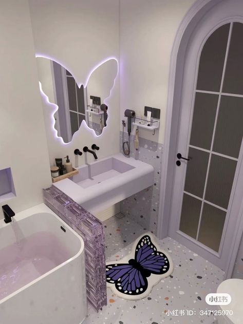 Butterfly Inspired Room, Purple Bathroom Aesthetic, Baños Aesthetic, Purple Aesthetic Room, Baño Aesthetic, Butterfly Bathroom, Butterfly Room Decor, Organiser Cucina, Purple Bathroom