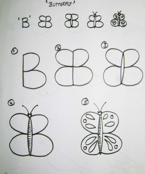 How to draw butterfly using letter 'B' Drawing Kindergarten, Doodle Houses, Teach Kids To Draw, Teaching Kids Letters, Basic Drawing For Kids, Very Easy Drawing, Toddler Drawing, Alphabet Drawing, Funky Flowers