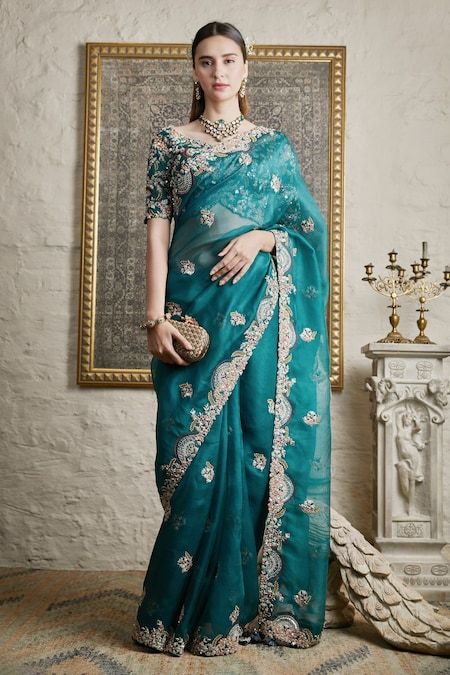 Buy Green Silk Embroidered Floral Sweetheart Neck Saree With Blouse For Women by Prisho Online at Aza Fashions. Peacock Green Saree, Tie Up Blouse, Saree Wearing Styles, Simple Saree Designs, Indian Bridal Sarees, Fancy Sarees Party Wear, Indian Party, Indian Fashion Saree, Saree Designs Party Wear