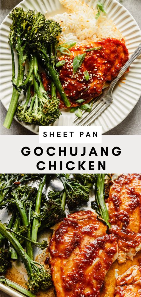 Sheet Pan Gochujang Chicken, Broccolini And Chicken, Chicken And Broccolini Recipes, Gochujang Chicken Breast, Chicken Gochujang Recipe, Chicken Broccolini Recipe, Korean Treats, Chicken Broccolini, Gochujang Recipe Chicken