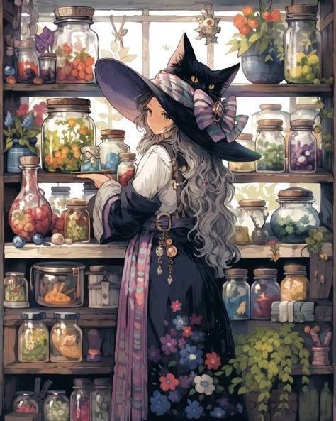 Witch Doing Magic Drawing, Traveling Witch Art, Book Witch Art, Witch Shop Art, Anime Witch Wallpaper, Autumn Witch Art, Anime Witch Aesthetic, Witch Room Art, Witch Anime Art