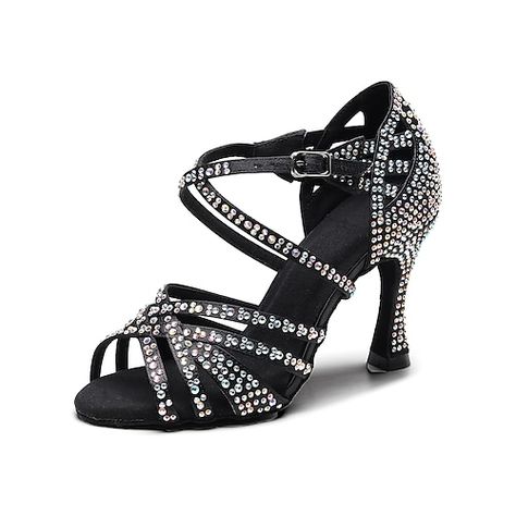 Category:Salsa Shoes,Latin Shoes,Line Dance; Upper Materials:Silk; Embellishment:Crystal / Rhinestone; Lining Material:Suede; Heel Type:Slim High Heel; Actual Heel Height:9.46; Gender:Women's; Style:Heel; Heel Height(inch):> 4; Outsole Materials:Suede; Occasion:Party Evening,Indoor,Stage; Closure Type:Ankle Strap; Customized Shoes:Customizable; Production mode:Self-produce; 2023 Trends:Glitter Crystal Sequined Jeweled; Foot Length:; Size chart date source:Provided by Supplier. Ballroom Shoes Latin, Dancing Heels, Black Dancing, Danza Latina, Salsa Shoes, Latin Shoes, Jeweled Heels, Dance Heels, Quickstep