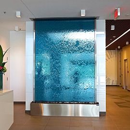 Indoor water fountain creations, Canada, Ontario, Toronto Indoor Waterfall Wall, Glass Fountain, Indoor Wall Fountains, Fountain Indoor, Water Wall Fountain, Custom Water Feature, Indoor Water Features, Indoor Water Fountains, Indoor Waterfall