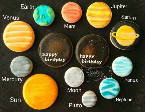 Solar System cookies | Cookie Connection Solar System Cookies, Space Sugar Cookies, Planet Cookies, Science Cookies, Solar System Cake, Space Cookies, Science Party Decorations, Planet Birthday, Galaxy Party