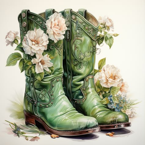 Boots With Flowers, Art Boots, Space Living Room, Barn Painting, Green Boots, Painting Accessories, Decoupage Vintage, Step By Step Painting, Diy Diamond Painting