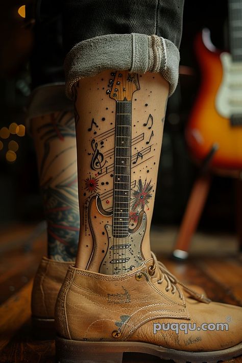 Music Tattoos - Inspiring Designs & Meaning - Puqqu Les Paul Tattoo, Music Tattoo Ideas, Black And Grey Wallpaper, Tattoo Pierna, Tattoo Perna, Tattoo Family, American Stuff, Music Note Tattoo, Retro Tattoos