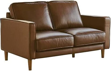 Sunset Trading Prelude 55" Wide Top Grain Leather Chestnut Brown | Mid Century Modern Small Couch Loveseat, Space Seating Brown Leather Loveseat, Sofa Convertible, 4 Pillows, Contemporary Loveseat, Top Grain Leather Sofa, Small Couch, Couch And Loveseat, Leather Loveseat, Living Room Leather