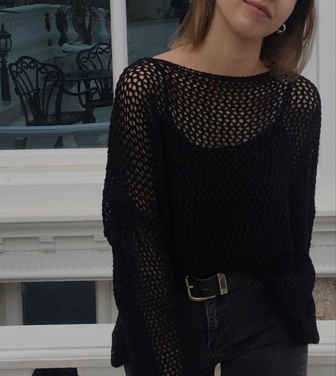 Fishnet Cardigan Outfits, Netted Tops Outfits, Black Crochet Mesh Top, Net Cardigan Outfit, Black Knit Top Outfit, Black Crochet Top Outfit, Mesh Top Outfit Black, Mesh Cardigan Outfit, Mesh Top Outfit Aesthetic