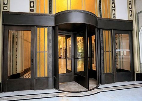 FRIDAY TRIVIA: Chivalry hating misogynist invented revolving doors (?!) Rotating Door Design, Rotating Doors, Gable Window, Revolving Door, Office Entrance, Modern Entrance Door, Bar Restaurant, Flush Doors, Door Design Modern