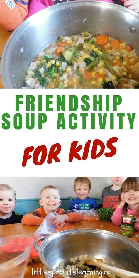 Celebrating friendship is an awesome activity for kids. Relationships and belonging are an important part of development and future school success. Friendship soup is a great way to get kids thinking about others and sharing. Even my pickiest kids ate this up because they helped make it and shared ingredients for it. Preschool Cooking Activities, Soup For Kids, Friendship Soup, Preschool Friendship, Preschool Cooking, Soups For Kids, Cooking Theme, Friendship Activities, Celebrating Friendship