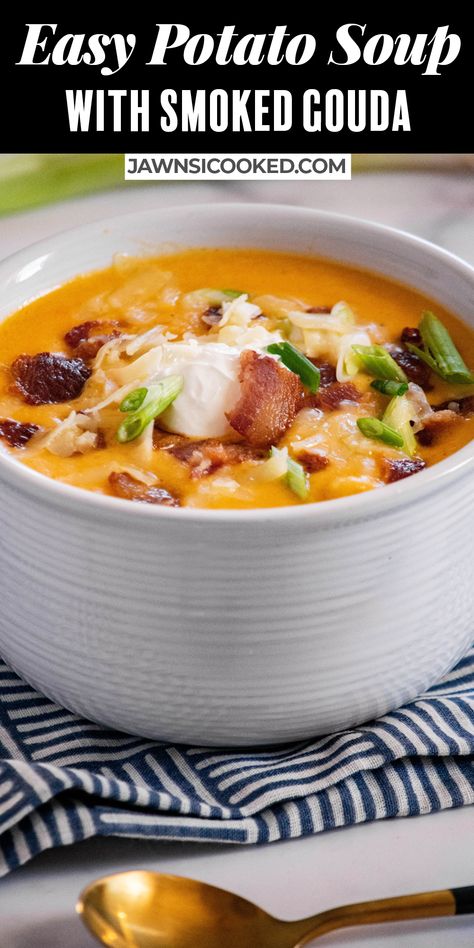 Smoked Potato Soup, Smoked Baked Potato Soup, Smoked Gouda Potato Soup, Smoker Soup Recipes, Gouda Potato Soup, Gouda Dinner Recipes, Smoked Gouda Soup, Smoked Brisket Potato Soup, Smoked Soups