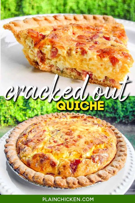 Cracked Out Quiche Recipe - homemade quiche filled with cheddar, bacon and ranch. SOOO good! Pie crust, bacon, cheddar, eggs, heavy cream, and ranch dressing. Can make ahead of time and freeze unbaked for later. Great for breakfast, brunch, lunch, and dinner. Quiche Pie Crust, Chicken Quiche, Quiche Pie, Sausage Quiche, Cracked Out, Savory Tarts, Breakfast Quiche Recipes, Quiche Recipes Easy, Plain Chicken