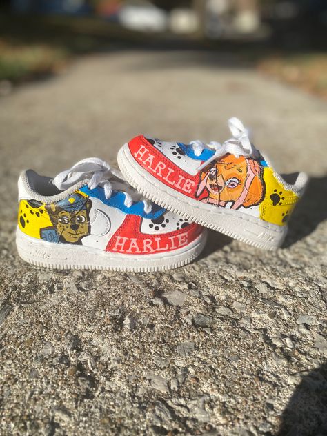 Custom Paw Patrol toddler shoes, personalized, handpainted Instagram @Cardiisshook Paw Patrol Air Force Ones, Paw Patrol Custom Shoes, Kids Custom Shoes, Shoe Customs, Custom Baby Shoes, Paw Patrol Shoes, Bedazzled Shoes, Baby Birthday Themes, Nike Fashion Shoes