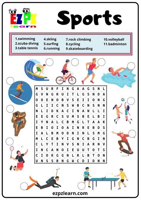 Sports Word Search 2 Sport Worksheets For Preschool, Sports Worksheets For Kids, Sports Word Search, Sports Crossword, Sports For Kids, Word Puzzles For Kids, Sport English, Free Printable Word Searches, Printable Sports