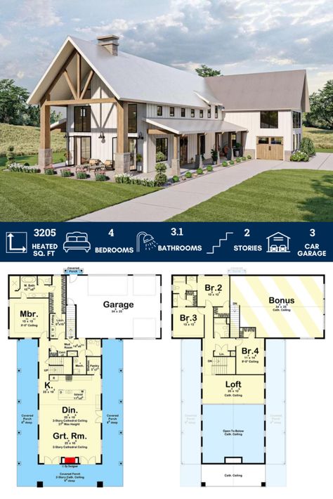 4-Bedroom Modern Farmhouse Barndominium with Large Bonus Room over Garage Modern Farmhouse Barndominium, Garage Barndominium, Bonus Room Over Garage, Room Over Garage, Barndominium Plans, Post Frame, Pole Barn House Plans, Barn Style House Plans, Floor Plan 4 Bedroom