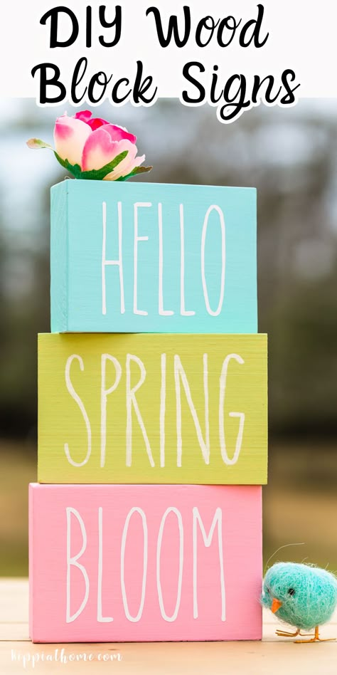 spring wood block signs Spring Scrap Wood Projects, Diy Spring Signs, Spring Wood Crafts Diy Wooden Blocks, 2x4 Crafts Spring, Diy Spring Signs Wood, Spring Cricut Ideas, Spring Diy Crafts Decor, Spring Signs Diy, Wooden Blocks Decor Craft Ideas