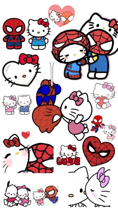 Hello Kitty X Spiderman, Hello Kitty And Spiderman, Hello Kitty Halloween Wallpaper, Spiderman Stickers, Hello Kitty Stickers, Cute Screen Savers, Drawings For Him, Spiderman Theme, Spiderman Drawing