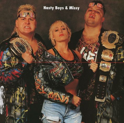 WCW World Tag Team Champions The Nasty Boyz & Missy Wwf Wrestlers, Wrestling Belts, Wwf Superstars, World Championship Wrestling, Wrestling Posters, Wwe Tag Teams, Professional Wrestlers, Wrestling Stars, Wwe Legends