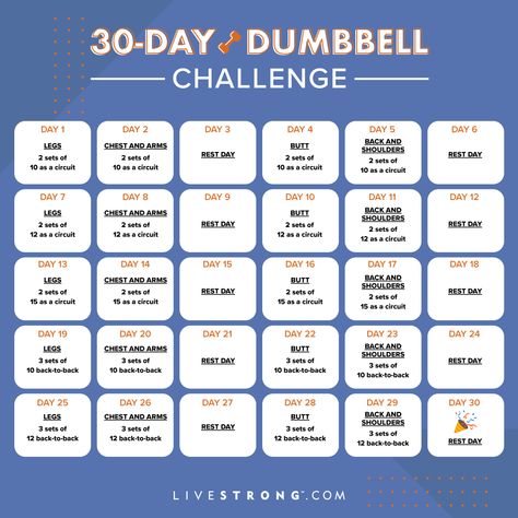 Print this out or save it to your phone to stay on track throughout the month. 30 Day Dumbbell Challenge For Women, 30 Day Muscle Building Challenge, 30 Day Dumbbell Challenge, 30 Day Dumbbell Workout, Dumbbell Workout Program, Dumbbell Challenge, Exercise Challenges, 100 Challenge, Thigh Challenge