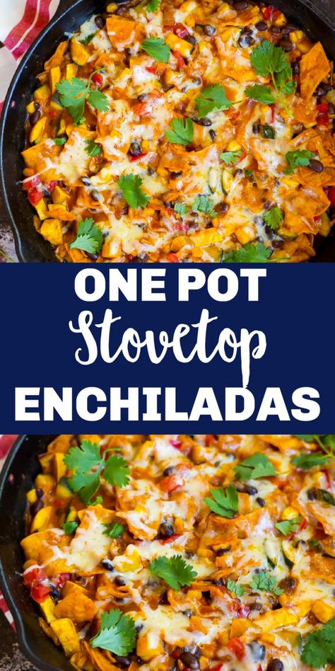 These One Pot Stove Top Enchiladas are so easy to make and taste just like regular enchiladas! You can easily customize the ingredients to fit your tastes and they're even freezer friendly! #enchiladas #stovetopenchiladas #vegetarian #easydinner #30minutemeal Easy Stove Top Meals Vegetarian, Enchilada Stove Top, Vegan Stove Top Recipes, Stove Top Meals For Two, One Pot Meals Stove Top, Stove Top Enchiladas, Quick Stove Top Dinner Ideas, Stove Top Dinner Ideas Easy, Stove Top Meals Dinners