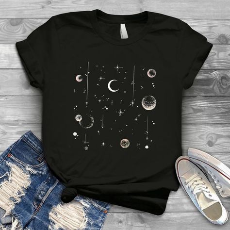 Moon And Stars Aesthetic Clothes, Space Core Outfits, Celestial Aesthetic Clothes, Hecate Cabin, Space Core, Space Clothes, Moon Shirts, Kawaii Party, Celestial Shirt