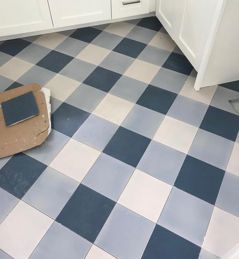 Clay Imports tiles laid to look like gingham for a laundry room. Andrea Leigh Blue And White Checkered Floor, Checkered Floor Laundry Room, Flooring Alternatives, 1910 House, Laundry Room Floor, Lake Kitchen, Laundry Room Tile, Hope Floats, Clay Imports