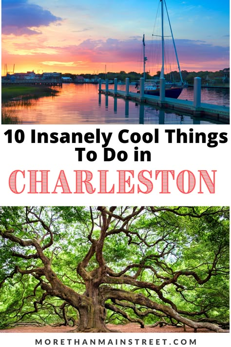 Two images- top is a sailboat in the waterfront at sunset and the bottom is the angel oak tree in Charleston South Carolina. Charleston In January, What To Do In Charleston Sc, Charleston South Carolina Aesthetic, Charleston Itinerary, Traveling Board, Charleston Historic District, Charleston Travel Guide, Southern Usa, Charleston Vacation