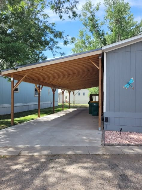 Carport Porch Ideas, Metal Covered Patio Ideas, Lean To Back Porch Patio, Lean To Addition On House, Mobile Home Concrete Porch, Porch For Mobile Home, Mobile Home Lean To Porch, Carport Mobile Home, Remodel Home Ideas