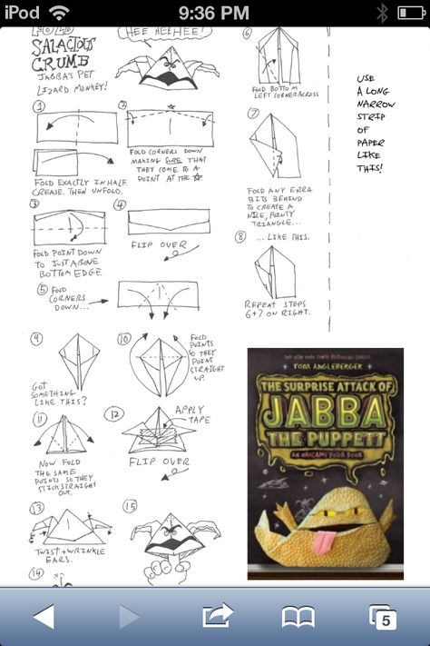 How To Fold Origami Jabba's Pet! (On Bottom). Origami Yoda Instructions, Basic Origami, Star Wars Origami, Origami Templates, Origami Yoda, Origami Techniques, Kids Origami, Origami Dragon, Star Wars Diy