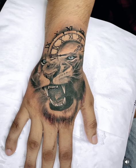 Hand Lion Tattoo Design, Hand Tattoos Lion, Calf Sleeve Tattoo, Lion Hand Tattoo, Unique Hand Tattoos, Leg Sleeve Tattoos, Hand Tattoo Designs, Leg Tattoo Ideas, Lion Art Tattoo