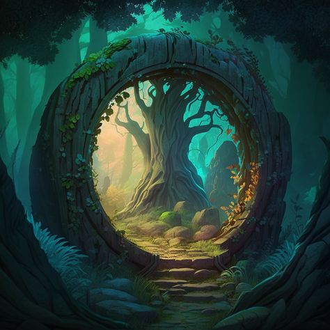 Fantasy magical fairy-tale glowing stone portal in the forest. round stone portal teleport in trees to other worlds. fantastic landscape. magic altar in the forest, highly detailed, digital painting, art station, concept art, smooth, sharp focus, illustration, #midjourneybot #AIart,  #Art, #Aiimages, #fantasyimages, #fantasyfairytale, #fairytalestories Fantasy Portal Art, Magic Portal Art, Tree Portal, Magic Altar, Focus Illustration, Magic Portal, Portal Art, Fantasy Tree, Magic Land