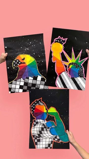 Joel Scholten on Instagram: "Fifth Grade is starting their Okuda San Miguel-inspired color wheels! We also use this lesson to discuss American Symbols. Students choose an American symbol and Okuda-fy it! I’ve done several projects inspired by Okuda’s work, and tracers for the three symbols you see here are available on my blog for free! #artteachersofinstagram #okudasanmiguel #colorwheel #colorwheelproject #color #colortheory #rosietheriveter #statueofliberty #artteachersofig #artteacherso Color Theory Projects, Color Wheel Art Projects, Color Wheel Projects, Color Wheel Art, Color Wheels, Let's Make Art, Art Lessons Middle School, 6th Grade Art, 5th Grade Art