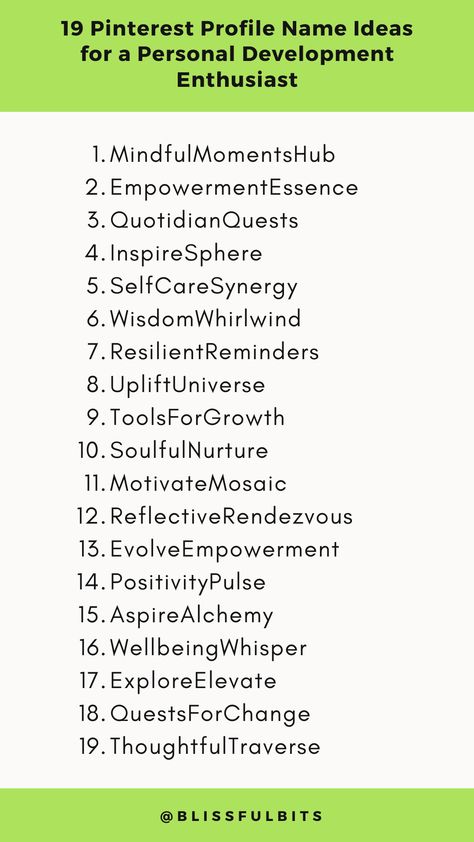 Creative 19 Pinterest Profile Name Ideas for Personal Development Enthusiast Profile Names Ideas, College Magazine, Insta Theme, Rich Family, Pinterest Profile, Name Ideas, Personality Development, Personal Development, Mindfulness