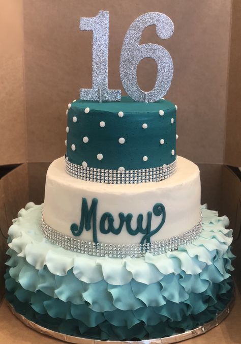 Sweet 16 teal cake Dark Teal Birthday Cake, Sweet 16 Cake Ideas Blue, Teal And Silver Sweet 16 Decorations, Teal Sweet 16 Cakes, 2 Tier Teal Birthday Cake, Sweet 16 Masquerade Party, Teal Cake, Fondant Ruffles, 36th Birthday