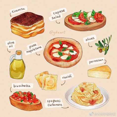 Homemade Recipe Books, Japanese Food Illustration, Food Doodles, Studying Food, 귀여운 음식 그림, Italian Foods, Food Illustration Art, Watercolor Food, Italy Food