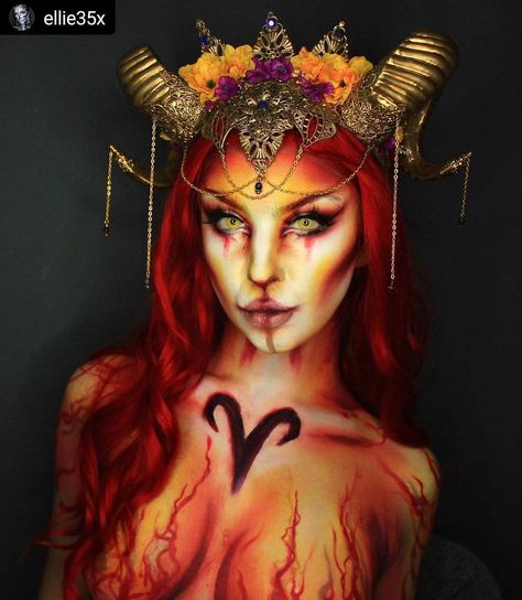 Halloween Color on Instagram: “#makeupoftheday Aries 🔥♈️🔥 Makeup, Body Painting Art By 👉 @ellie35x 💘 Please check out her profile and show some love 💖 Thank you 😘 ⠀ 📌 Tag…” Halloween Makeup Ideas For Women, Unique Halloween Makeup, Halloweenský Makeup, Creepy Halloween Makeup, Cute Halloween Makeup, Halloween Makeup Diy, Halloween Makeup Ideas, Amazing Halloween Makeup, Pretty Halloween