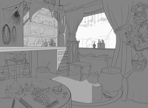 Witch House Interior Drawing, Witch Room Drawing, Cartoon Environment, One Point Perspective Room, Drawing Room Concept, Room Perspective Drawing, House Concept Art, 1 Point Perspective Drawing, 2 Point Perspective Drawing