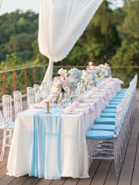 Pink And Blue Tablescapes, Pink And Blue Decorations, Trans Wedding, Wedding Table Decorations Blue, Blue Tablescape, Pink And Blue Wedding, Wedding Table Pink, Pink Wedding Receptions, Ocean View Wedding