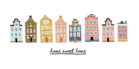 Amsterdam Illustration Houses, Colored Pencil House Drawing, Amsterdam Illustration, Wallpaper Business, Historic Design, House Silhouette, House Letters, Amsterdam Houses, Lettering Illustration