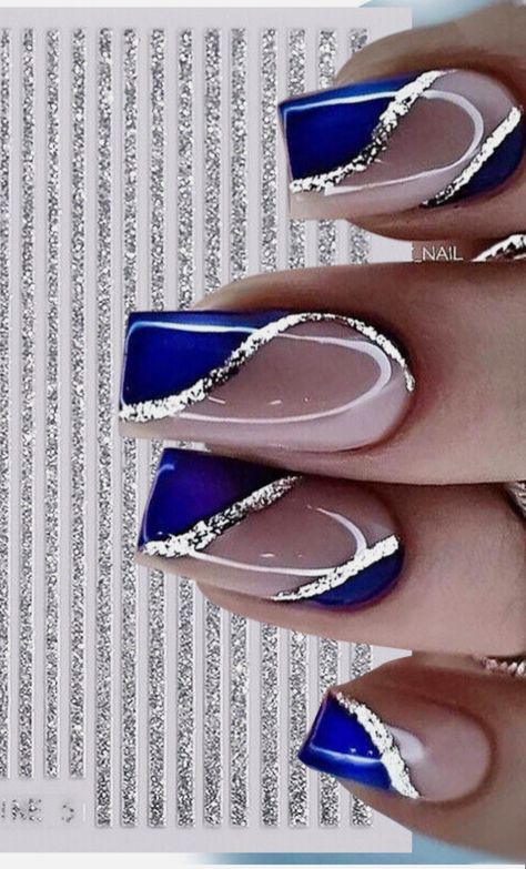 Blue White Silver Nail Designs, Volleyball Nail Art, Royal Blue And Silver Nails, Royal Blue Prom Nails, Hanukkah Nails, Navy And Silver Nails, Royal Blue Nails Designs, Glitter Gel Nail Designs, Light Blue Nail Designs