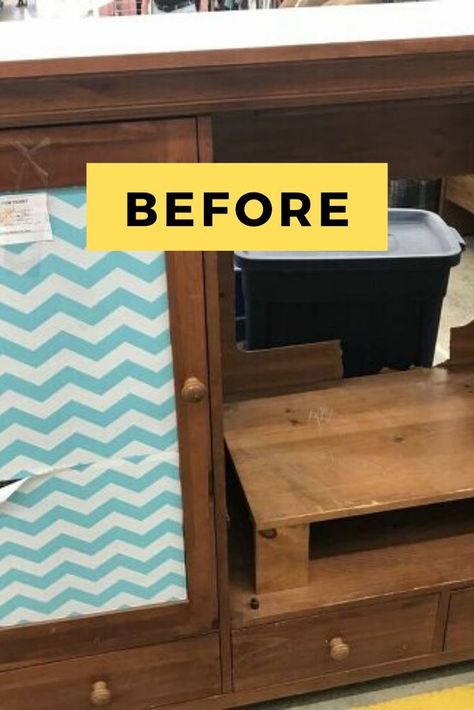 This old cabinet was so cheap but had great storage potential. See the before and after transformation an see how paint and contact paper can go a long way, proving that you can decorate your home on a budget. #DIY #dresser #makeover Contact Paper Cabinets, Greige Living Room, Small Space Inspiration, Before And After Transformation, Mother Daughter Projects, Diy Dresser Makeover, Craft Cabinet, Home On A Budget, Budget Home Decorating